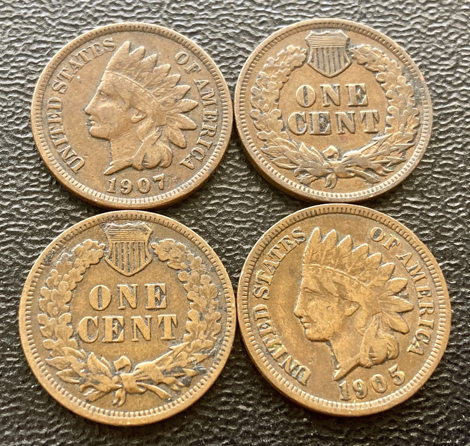 Four (4) Indian Head Pennies Vintage Penny Antique US Cent Coins Over 100 Years Old