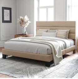 Full Size Platform Bed Frame with Fabric Upholstered , Beige I-6