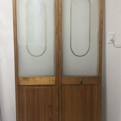 2 doors, 80”-18”. 36”natural wood finish with varnish, Very Good Condition