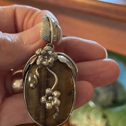 Vintage Tigers Eye/Sterling Large Pendant