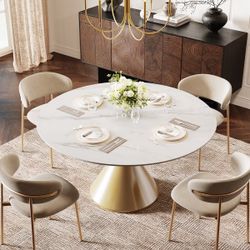 Modern Round Dining Table 47'' Circle Faux Marble Top Kitchen Table with Gold Luxury Cone Pedestal for Dining Room, Home Kitchen, Bistro