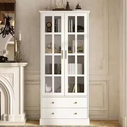 Bookcase with Glass Doors, Wooden Display Cabinet with 4-Tier Shelf & 2 Drawers white $150 