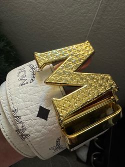 MCM White Leather Belt with Gold M Buckle