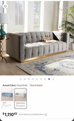 Gray Velvet Tufted Sofa with Gold Base