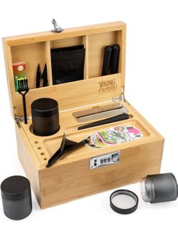 Premium Large Bamboo Storage Box with Removable Tray and Combination Lock, Wood Box for Herbs and Accessories, 19-Piece Organizer Set with Airtight Ja