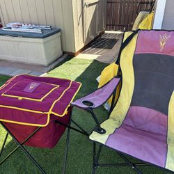 Two Asu Fold Up Chairs With Fold Up Cooler