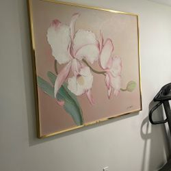 J. Watson Floral Canvas Art Pink Orchid Painting Gold Frame 36x30 Wall Decor