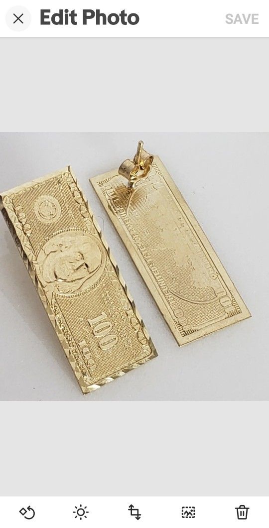 Solid 10k Gold $100 dollar bill money earrings