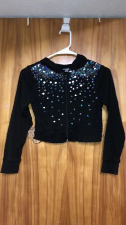 Kid’s size 10-12 cropped full zip black hoodie with silver looking sequins