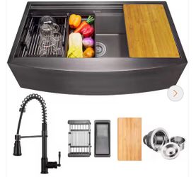 All-in-One Matte Black Finished Stainless Steel 33 in. x 22 in. Farmhouse Apron Mount Kitchen Sink with Faucet