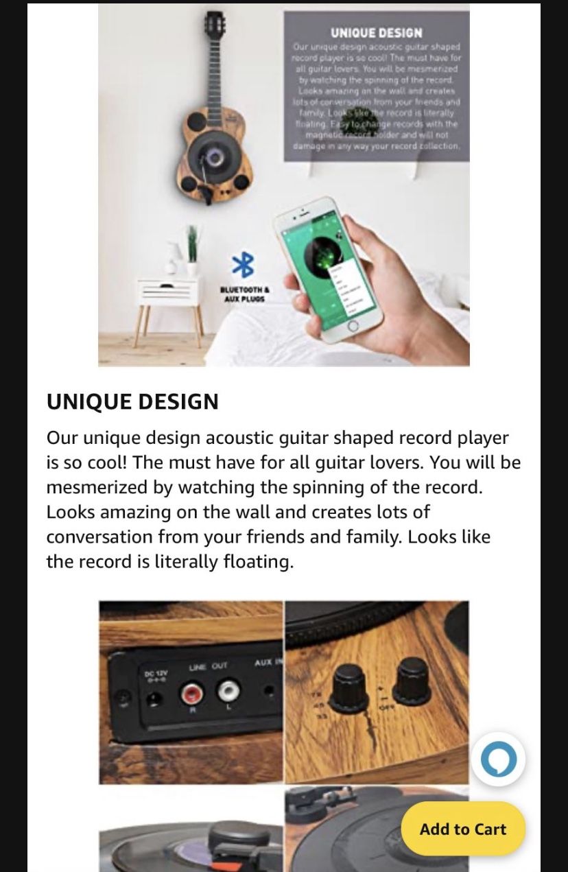 Guitars Shaped Vertical Bluetooth Turntable 3- Speed Record Player