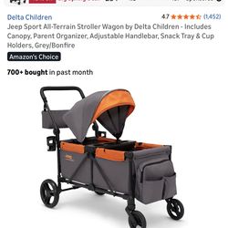 Jeep Sport All-Terrain Stroller Wagon by Delta Children - Includes Canopy, Parent Organizer, Adjustable Handlebar, Snack Tray & Cup Holders, Grey/Bonf