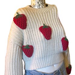 Cream Strawberry Appliqué Sweater