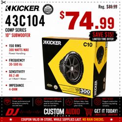 Kicker Comp Series 10" Bass Speaker 4-Ohm Subwoofer 300 Watts C10 43C104 🚨 Payment Options Available 🚨 No Credit Needed 🚨