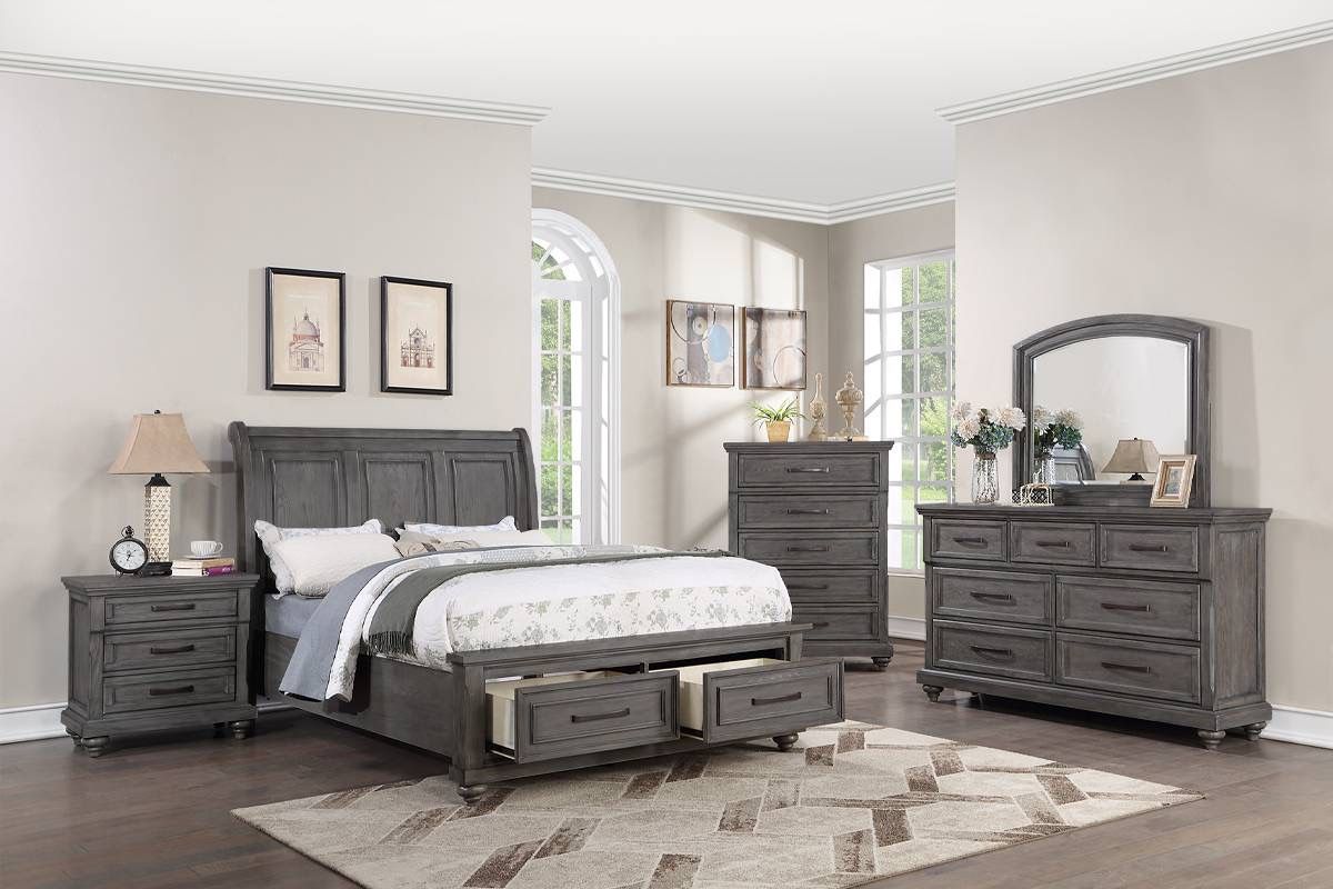 Gray King Bed, 1 Night Stand, Dresser And Mirror
