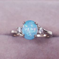 925 Silver Oval White Fire Opal Ring for Women Wedding Party Jewelry Size 6