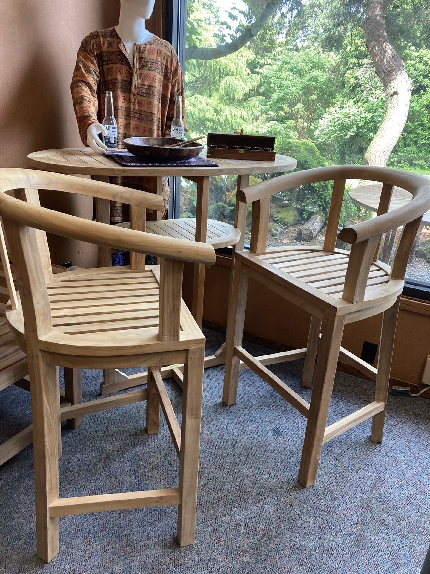 Teak bar table and two Stools, brand new