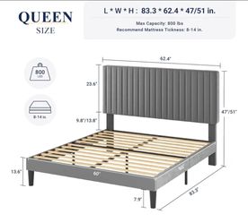 Queen Bed Frame, Velvet Upholstered Platform Bed with Adjustable Vertical Channel Tufted Headboard, Mattress Foundation with Strong Wooden Slats, Box