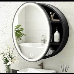 New 24 Inch Round Metal Medicine Cabinet with Lights, LED Medicine Cabinet with Defogger for Bathroo