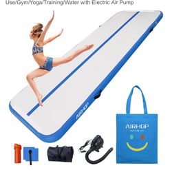 New 10‘ x 3 1/2‘ x 8“ inflatable gymnastics mat with air pump bags, instructions, and accessories