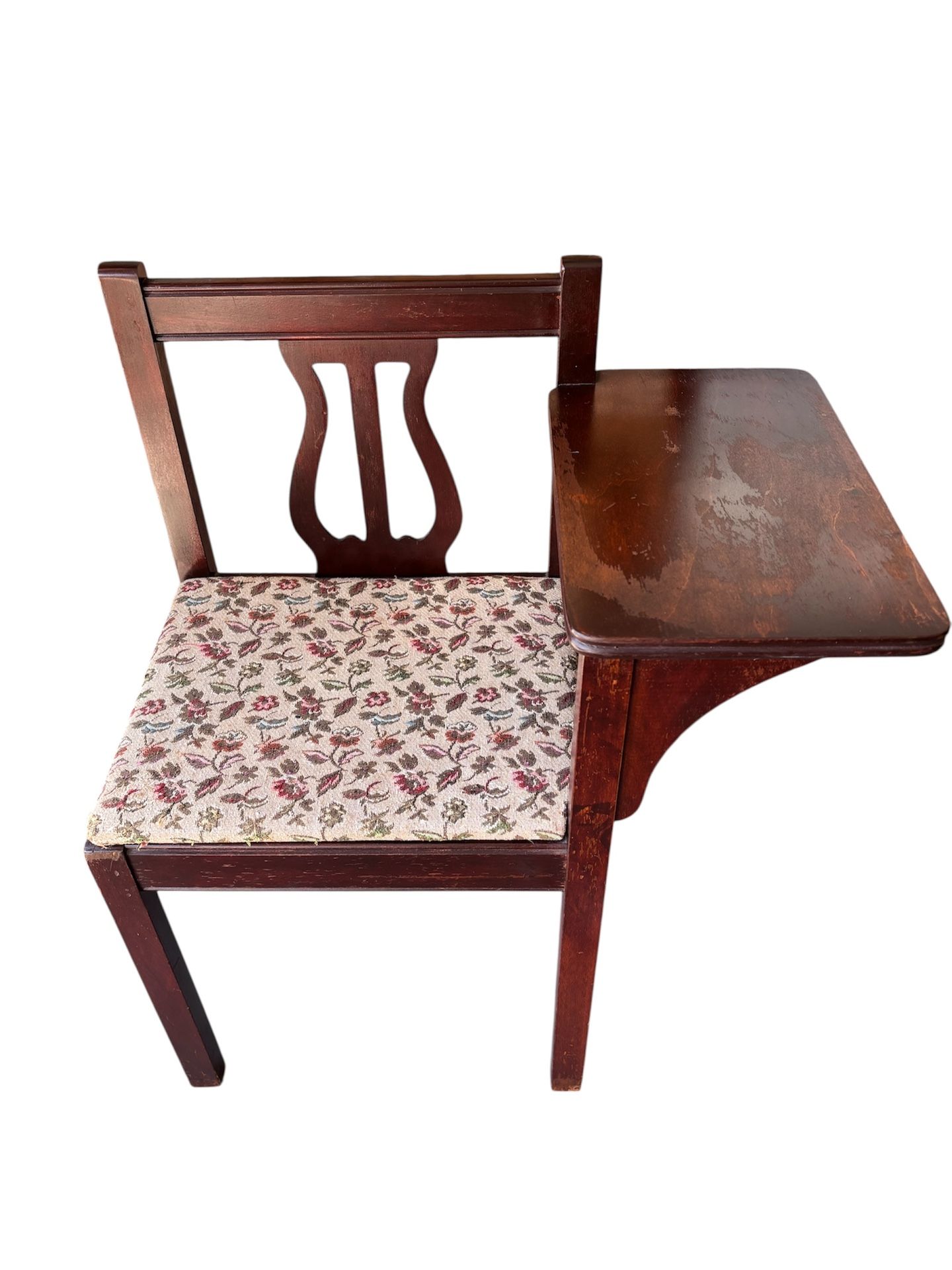 Vintage or antique telephone chair with additional storage under the seat, harp back tapestry seat