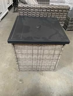 New Square PE Rattan Outdoor End Table with Umbrella Base UV-Resistant Frame Storage Space