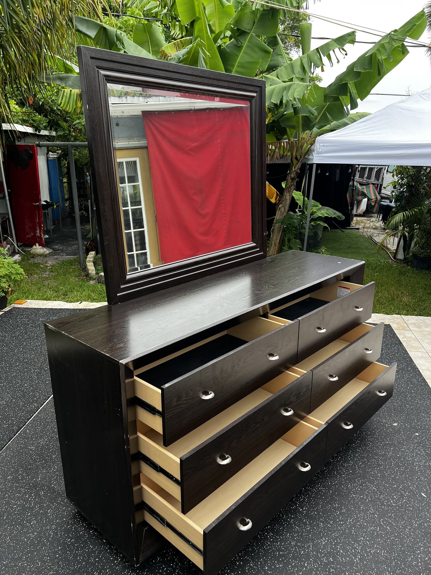 Dark Wood 6 Draw Dresser w/ Mirror
