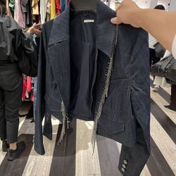 CINQ À SEPT Dara Rhinestone Fringe Denim Crop Blazer In Blue