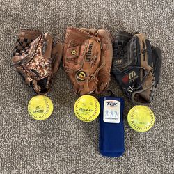 Softball gloves and balls