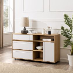  Coastal Oak & White Sideboard with Open Storage, Durable & Stylish - Light Brown