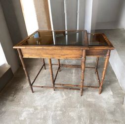 1970s vintage faux bamboo nesting tabes with Smokey glass tops