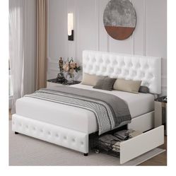 White Full Sized Bed Frame With 4-drawers