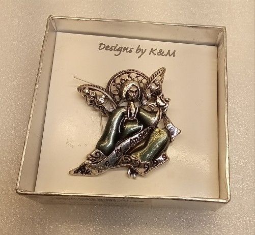 VTG Believe In Angels Green Guilloche Enamel Pewter Rhinestone Brooch Kmart NOS