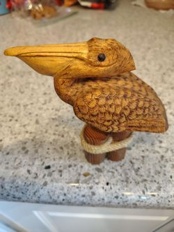 Cute Handcrafted Wooden Pelican Sculpture Perched on Pilings-Signed by Artist