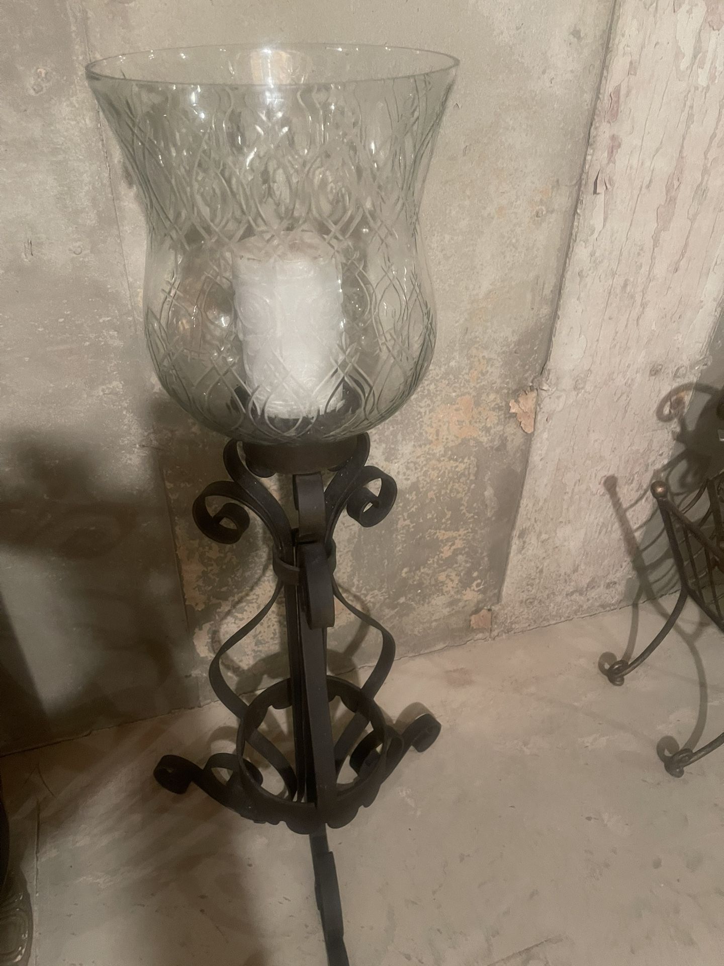 Fancy Tall Glass And Iron Candle Holder