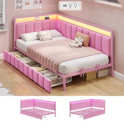 Corner Bed Frame with Storage Drawers, Full Daybed with Line Fabric Upholstered Fence, Kids Bed Unit