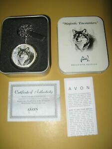 Avon Majestic Encounters Collectible Wolf Pocket Watch in Tin