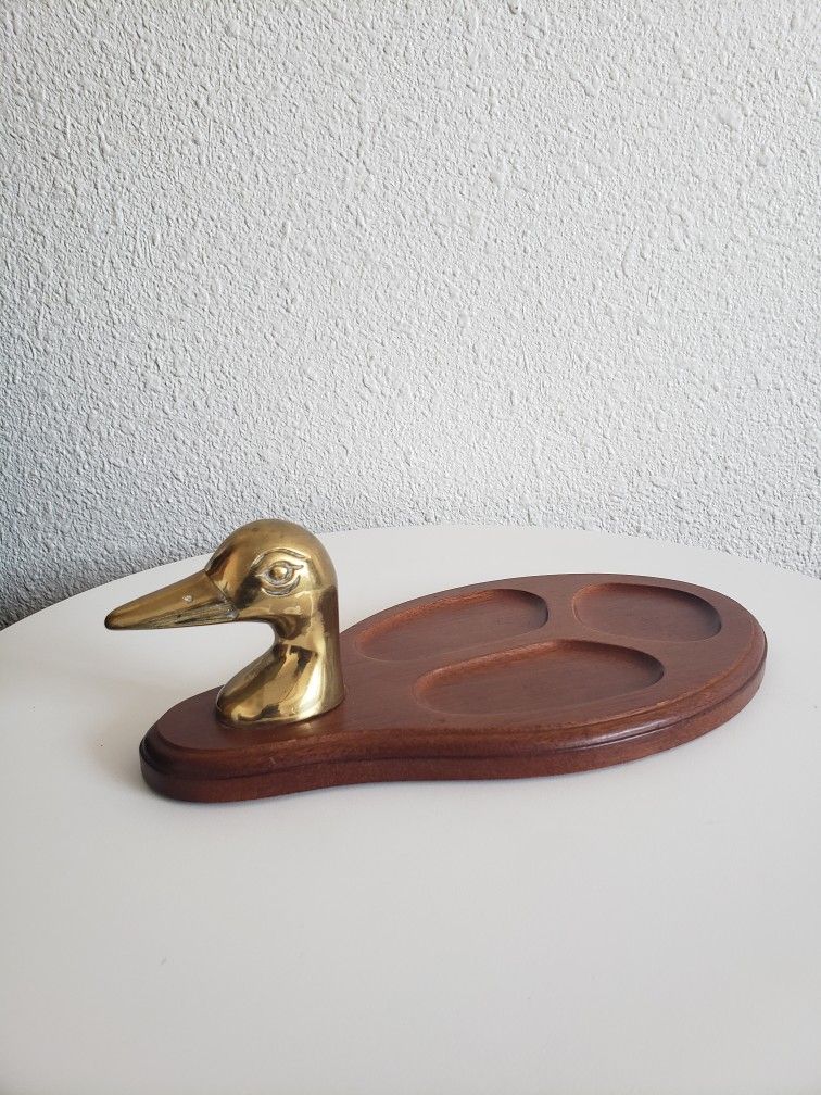 Vintage Duck Jewelry Trinket Tray Valet Solid Brass Wood Designed by Powell in USA .