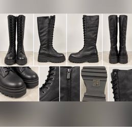 Size 10 Black Leather Knee-High Lace-Up Combat Boots