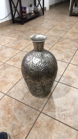 Silver Large Embossed Metal Decorative Vase