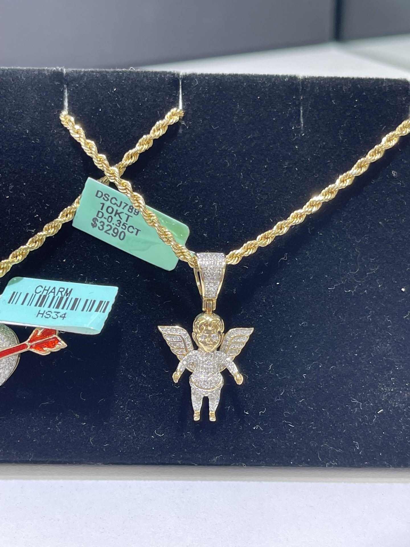 10k Gold Set(robe Chain, Angel Pendant With Real Diamonds)