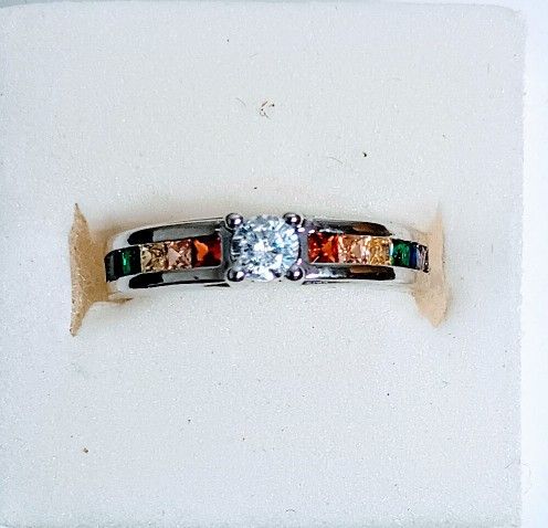 Rainbow Simulated Stones Silver Tone Ring