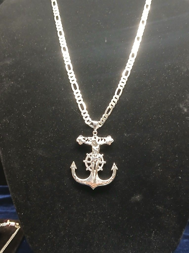 925 Silver Italy Figaro Chain With Jesus Anchor Pendant