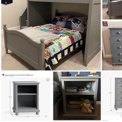 Excellent condition Pottery Barn Kids Bedroom set gray, full bed, nightstand, tall dresser