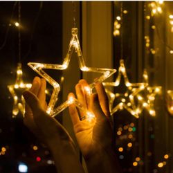 Star Curtain Lights 12 Stars 138 LED Curtain String Lights Plug-in with 8 Lighting Modes Christmas Curtains Ramadan Decoration, Indoor and Outdoor Wed