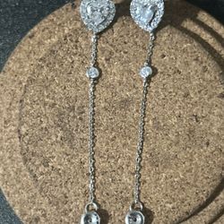 Beautiful 925 Heart Shaped Dangle Sterling Silver Earrings 