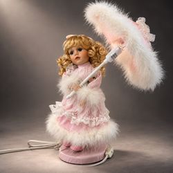 Vintage Cracker Barrel Porcelain Doll Night Light Parasol Lamp 13” w/ Box