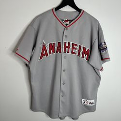 Anaheim Angels 2002 World Series Champions Baseball Jersey Mens Large Grey Majestic 