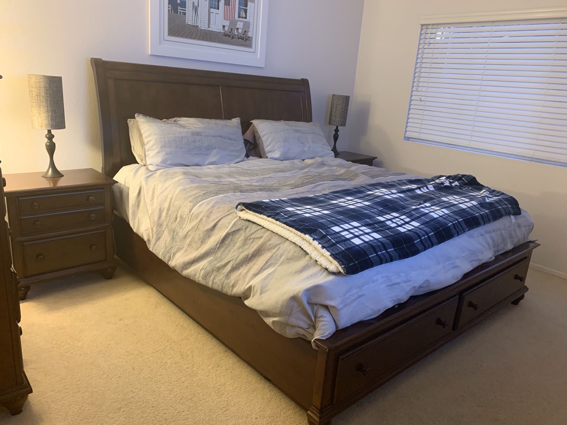 King size sleigh bed with drawers and two night stands