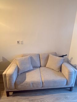 Light Gray Fabric Loveseat with Throw Pillows